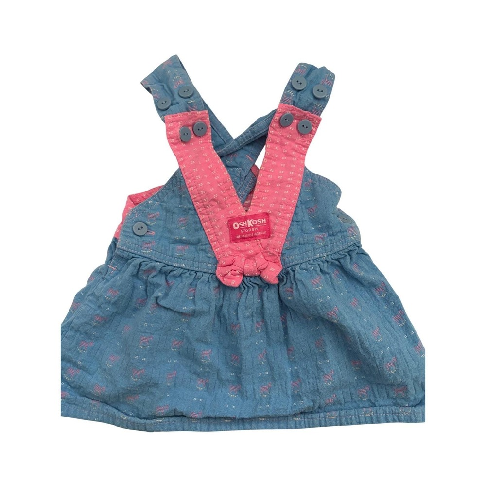 OshKosh B'gosh Pinafore Dress Vintage Cottagecore Blue‎ Pink Bow 18M